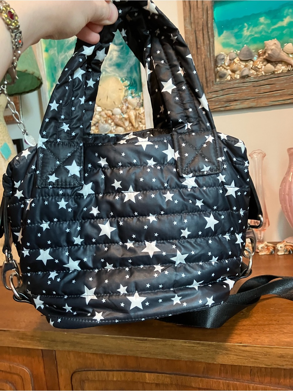 Sondra Roberts Squared Star-Print Quilted Tote Bag in Black and White